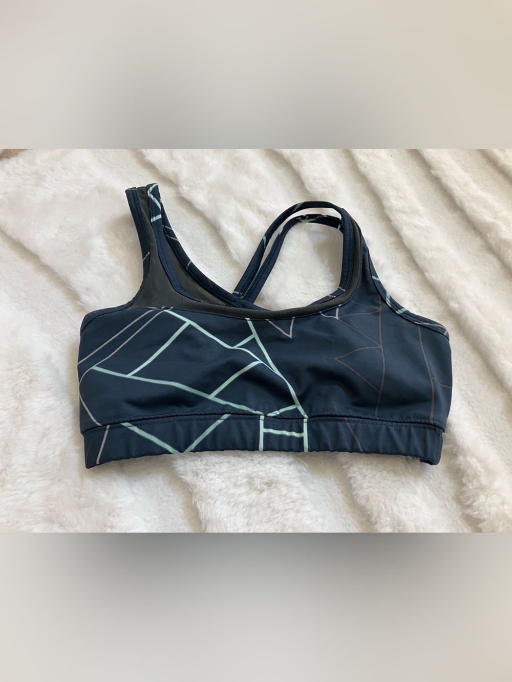 oiselle navy teal Sports Bra with Pale Green Logo Accent